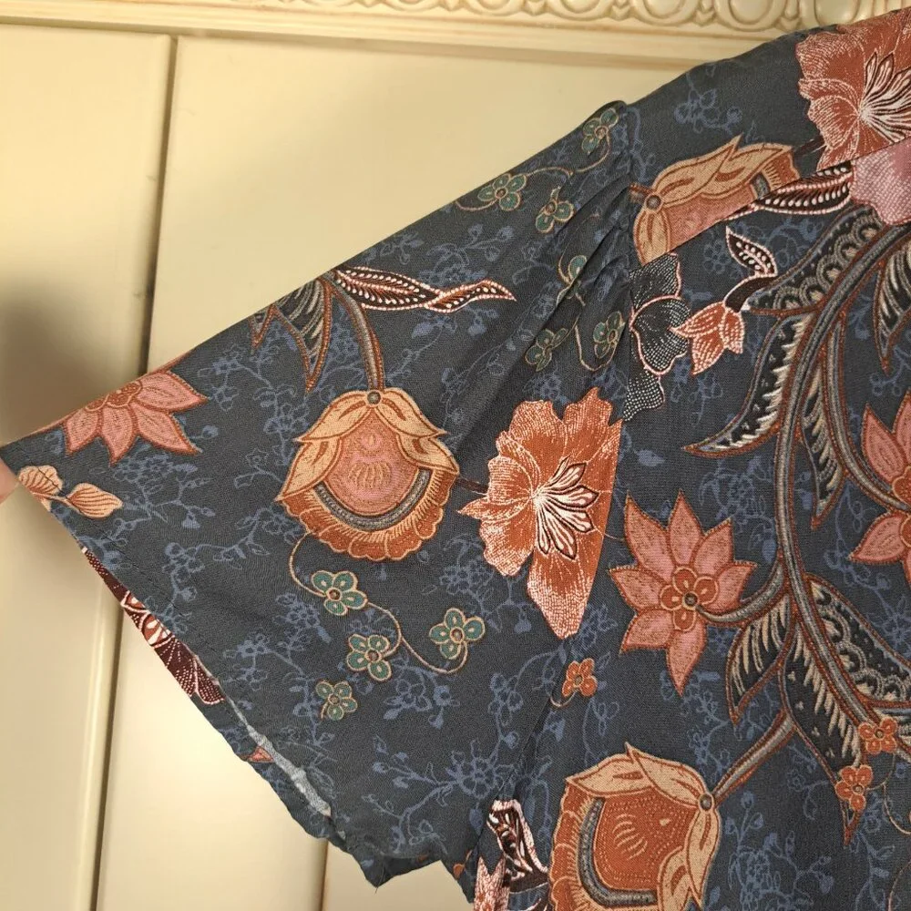 Knox Rose Midi Short Sleeve Blue Pink Floral Tiered Boho Print Dress Size Large - Picture 5 of 13
